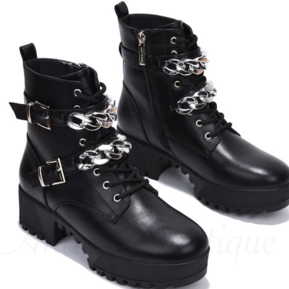AnawatBoutique Shoes - KYRA DOUBLE CHAIN STRAP COMBAT BOOTS